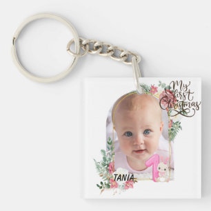 Llavero Mono marco floral rosa adorable Primera Navidad de