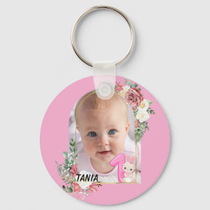 Llavero Mono marco floral rosa adorable Primera Navidad de