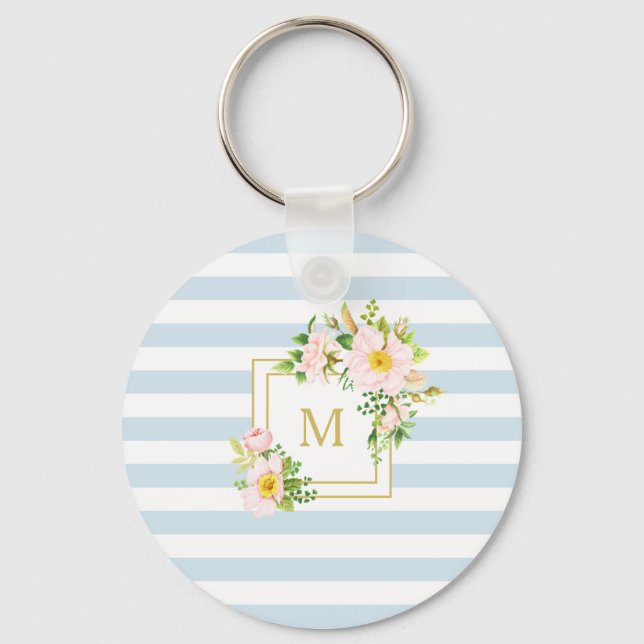 Llavero Monogram Floral Chic Pastel Blue Stripes (Anverso)