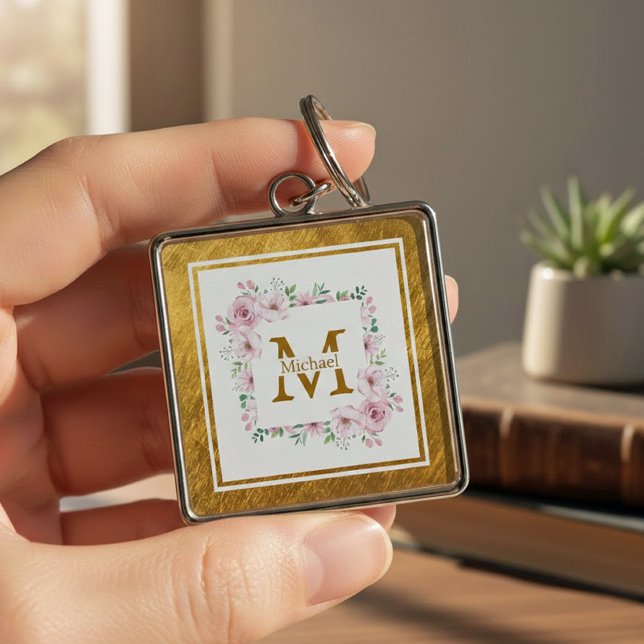 Llavero Monogram Initial "M" Floral - Pink Roses & Gold (Subido por el creador)