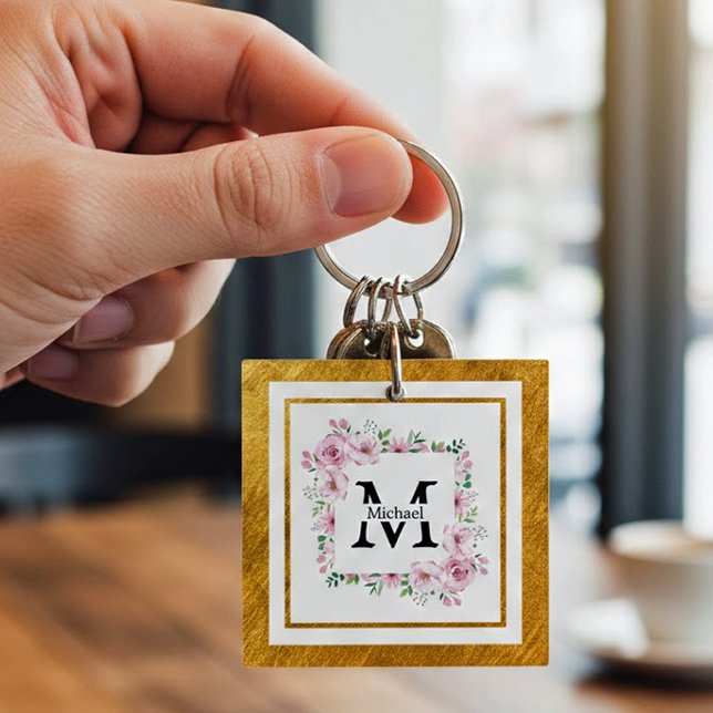 Llavero Monogram Initial "M" Floral - Pink Roses & Gold (Subido por el creador)