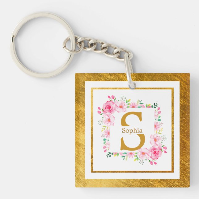 Llavero Monogram Initial "S" Floral - Pink Roses & Gold (Frente)