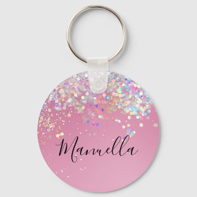 Llavero Monogram Shiny Rose Gold Pink Glitter Custom Name  (Anverso)