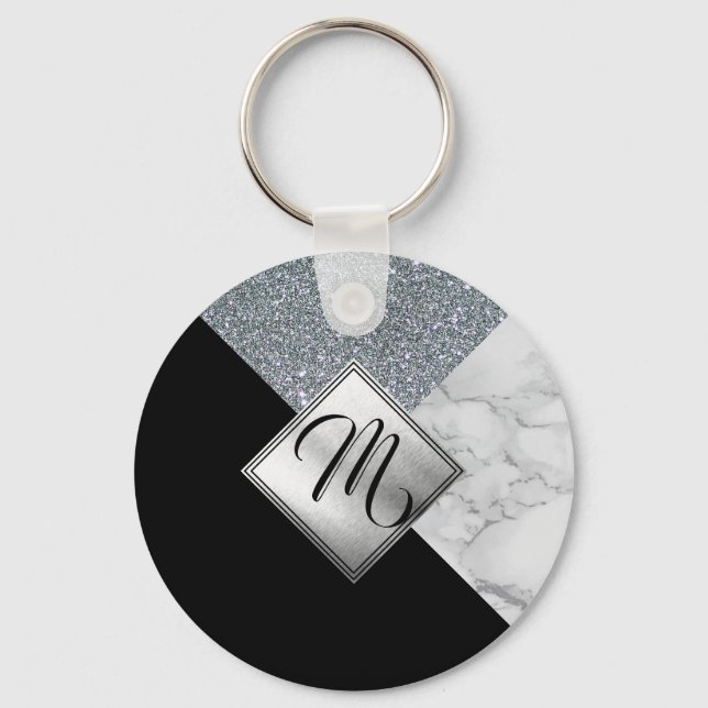 Llavero Monogram  - Silver Glitter, Black and Marble (Anverso)