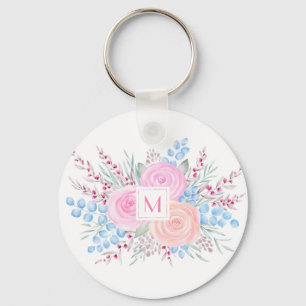 Llavero Monogram Watercolor Bouquet Pink Roses Blue Leaves