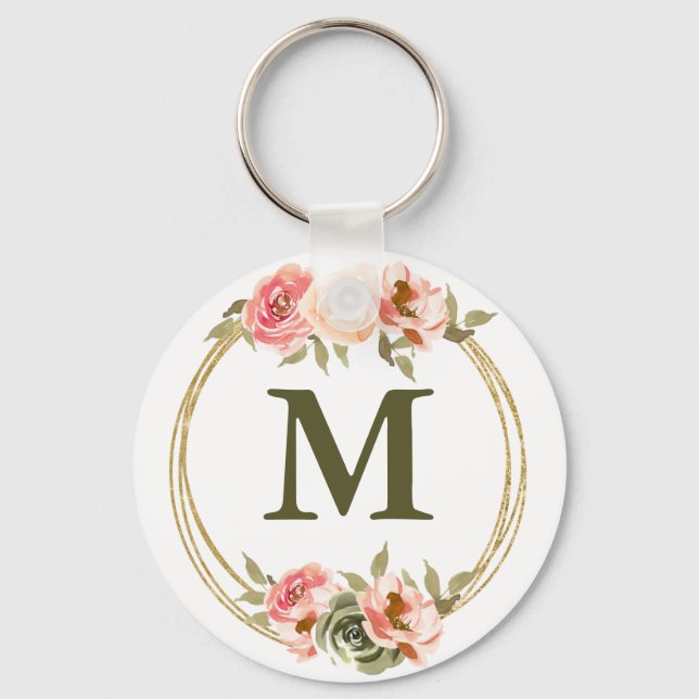 Llavero Monograma acuarela rosa Floral (Anverso)