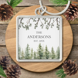 Llavero Monograma Acuarela Rústica de Pinos y Ramas