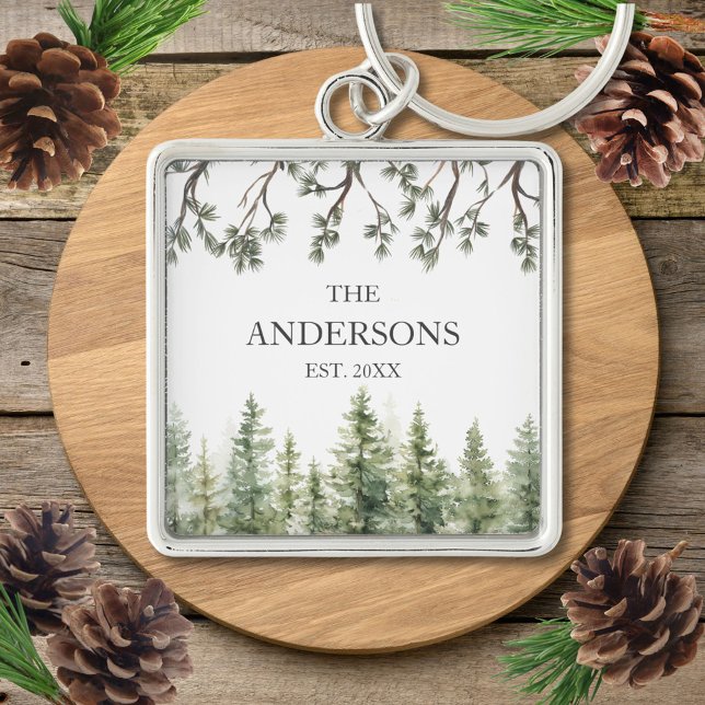 Llavero Monograma Acuarela Rústica de Pinos y Ramas (In situ)