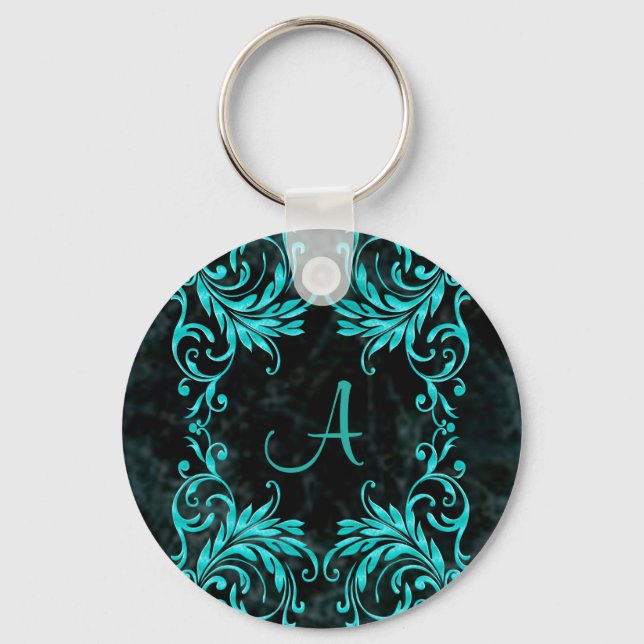 Llavero Monograma Aqua Blue Damask (Anverso)