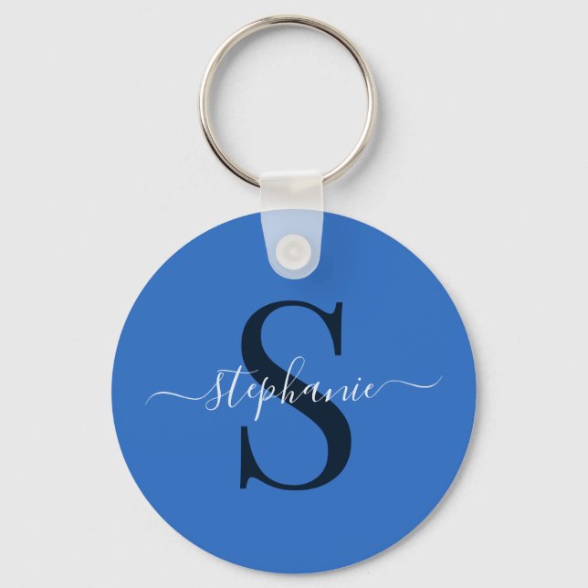 Llavero Monograma azul sencillo y elegante Nombre inicial (Anverso)
