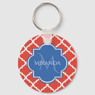 Llavero Monograma azul trendy y quatrefoil rojo