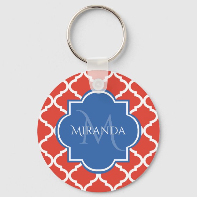 Llavero Monograma azul trendy y quatrefoil rojo (Anverso)