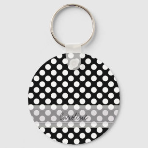 Llavero Monograma Black White Trendy Fun Polka Dot Pattern