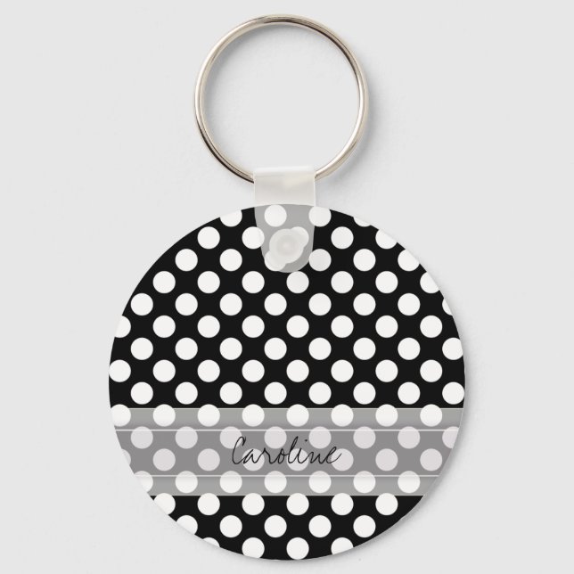 Llavero Monograma Black White Trendy Fun Polka Dot Pattern (Anverso)