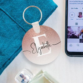 Llavero Monograma blanco elegante Rosa dorado Purpurina es