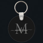 Llavero Monograma blanco negro Elegante guión moderno<br><div class="desc">Monograma blanco negro simple Elegante cadena de caracteres moderna</div>