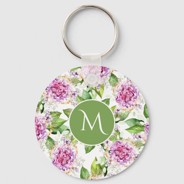 Llavero Monograma Bonito Morado Verde Acuarela Floral (Anverso)