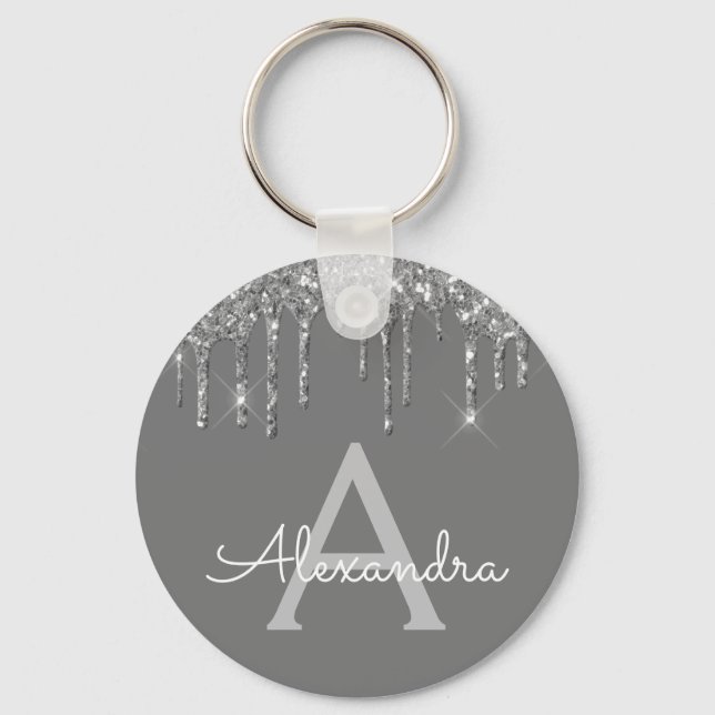 Llavero Monograma Brillante Sparkly Gris Plateado (Anverso)