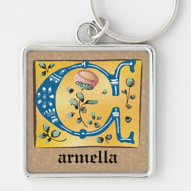 Llavero Monograma C de floración medieval cuadrada ilumina (Frente)