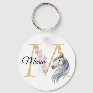 Llavero Monograma caballo floral lindo femenino ecuestre n