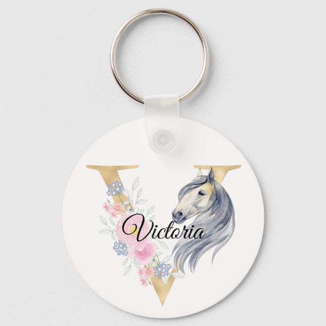 Llavero Monograma caballo lindo floral giratorio nombre ec (Anverso)