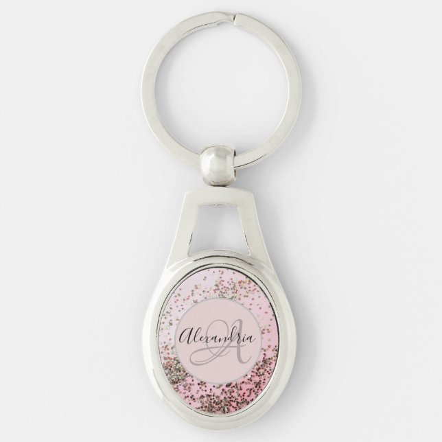 Llavero Monograma Champagne Confetti rosa personalizado (Anverso)