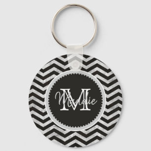 Llavero Monograma, Chevron, Patrón, Negro, Plata