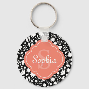 Llavero Monograma coral Quatrefoil Patrón floral negro