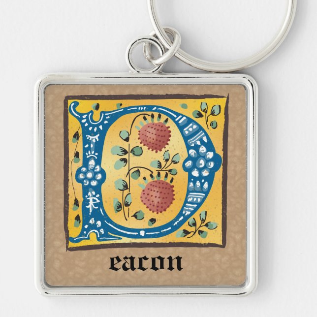 Llavero Monograma D aluminado con flores medievales cuadra (Frente)