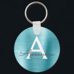 Llavero Monograma de acero inoxidable Blue Faux<br><div class="desc">Blue Faux Stainless Steel Metallic Elegant Keychain. Estas cadenas de claves se pueden personalizar para incluir su nombre inicial y su nombre de pila. Estas cadenas de claves hacen grandes favores de cumpleaños,  ducha de novia o fiesta de soltera.</div>