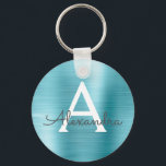Llavero Monograma de acero inoxidable Blue Faux<br><div class="desc">Blue Faux Stainless Steel Metallic Elegant Keychain. Estas cadenas de claves se pueden personalizar para incluir su nombre inicial y su nombre de pila. Estas cadenas de claves hacen grandes favores de cumpleaños,  ducha de novia o fiesta de soltera.</div>