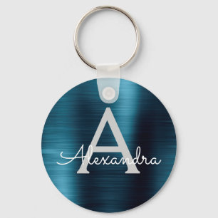 Llavero Monograma de acero inoxidable Blue Modern Faux