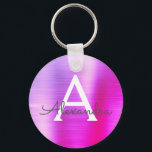 Llavero Monograma de acero inoxidable color rosa y púrpura<br><div class="desc">Hot Pink and Purple Ombre Faux Stainless Steel Metallic Elegant Keychain. Estas cadenas de claves se pueden personalizar para incluir su nombre inicial y su nombre de pila. Estas cadenas de claves hacen grandes favores de cumpleaños,  ducha de novia o fiesta de soltera.</div>