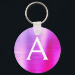 Llavero Monograma de acero inoxidable color rosa y púrpura<br><div class="desc">Hot Pink and Purple Ombre Faux Stainless Steel Metallic Elegant Keychain. Estas cadenas de claves se pueden personalizar para incluir su nombre inicial y su nombre de pila. Estas cadenas de claves hacen grandes favores de cumpleaños,  ducha de novia o fiesta de soltera.</div>