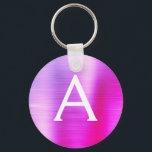 Llavero Monograma de acero inoxidable color rosa y púrpura<br><div class="desc">Hot Pink and Purple Ombre Faux Stainless Steel Metallic Elegant Keychain. Estas cadenas de claves se pueden personalizar para incluir su nombre inicial y su nombre de pila. Estas cadenas de claves hacen grandes favores de cumpleaños,  ducha de novia o fiesta de soltera.</div>