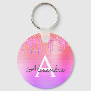 Llavero Monograma de acero inoxidable con brillo rosa púrp