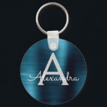 Llavero Monograma de acero inoxidable falso moderno azul<br><div class="desc">Llavero metálico elegante y moderno de acero inoxidable falso azul. Estos llaveros se pueden personalizar para incluir tu inicial y nombre. Estos llaveros son excelentes regalos para cumpleaños,  despedidas de soltera o fiestas de bachelorette.</div>