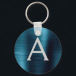Llavero Monograma de acero inoxidable falso moderno azul<br><div class="desc">Llavero metálico azul elegante y moderno de acero inoxidable falso. Estos llaveros se pueden personalizar para incluir tu inicial y nombre. Estos llaveros son excelentes regalos para cumpleaños,  despedidas de soltera o fiestas de bachelorette.</div>