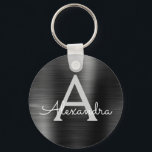Llavero Monograma de acero inoxidable falso moderno negro<br><div class="desc">Llavero metálico elegante y moderno de acero inoxidable falso negro. Estos llaveros se pueden personalizar para incluir su inicial y nombre. Estos llaveros son excelentes regalos para cumpleaños,  despedidas de soltera o fiestas de bachelorette.</div>