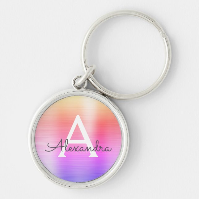 Llavero Monograma de acero inoxidable falso rosa y púrpura (Frente)