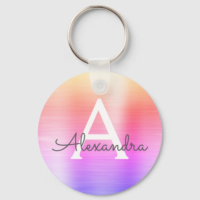 Llavero Monograma de acero inoxidable falso rosa y púrpura (Anverso)