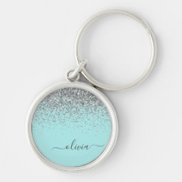 Llavero Monograma de brillo plateado azul teal Aqua