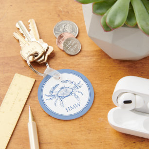 Llavero Monograma de Cangrejo Azul y Blanco Costero