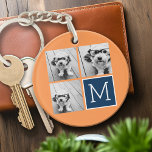 Llavero Monograma de Collage de fotos de Instagram naranja<br><div class="desc">Naranjas vibrantes y azul oscuro - Usa 3 fotos cuadradas para crear un regalo único y personal. O puedes mantener al cachorro hipster y hacer un keepsake de moda. Si necesita ajustar las imágenes,  haga clic en la herramienta personalizar para realizar cambios.</div>