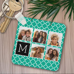 Llavero Monograma de Collage de fotos Esmeralda y Negro en<br><div class="desc">Patrón de cuatrefoil verde y blanco - Usa cinco fotos cuadradas para crear un regalo único y personal. O puedes mantener al cachorro hipster y hacer un keepsake de moda. Si necesita ajustar las imágenes,  haga clic en la herramienta personalizar para realizar cambios.</div>