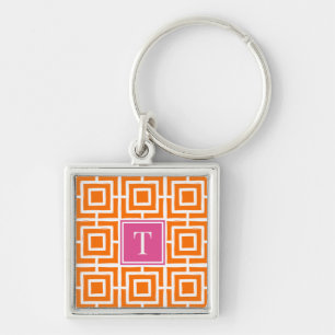 Llavero Monograma de Cuadrícula Cuadrada Preppy Naranja y 