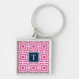 Llavero Monograma de Cuadrícula Cuadrada Preppy - Rosa Fue
