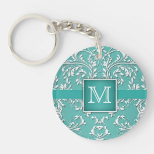 Llavero Monograma de Damasco Teal Aqua y Blanco