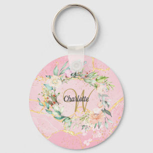 Llavero Monograma de escritura de oro de geodo floral Agat