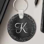 Llavero Monograma de espuma de Purpurina negro personaliza<br><div class="desc">Personalice fácilmente este elegante diseño de moda de la cadena de claves con un purpurina brillante negro de bonito sobre un fondo metálico negro cepillado.</div>